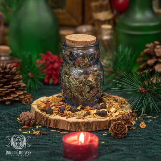 Glass Snow Owl Jar with Yule Herb Blend for Seasonal Spellwork