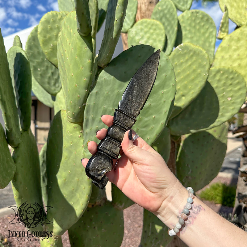 Load image into Gallery viewer, Gold Sheen Obsidian Athame with Skull Handle for Cutting Negativity

