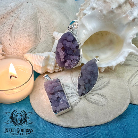 Grape Agate Druzy Sterling Silver Pendant for Reducing Anxiety & Stress