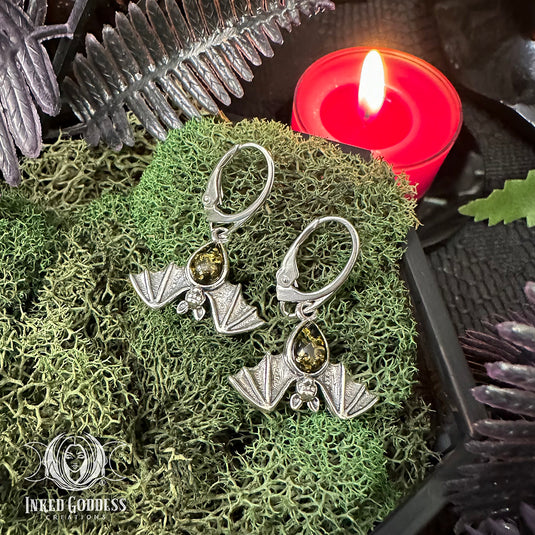 Green Amber Bat Sterling Silver Earrings for Magickal Transitions