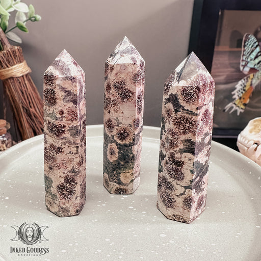 Green Flower Agate Tower for Emotional Calm- Inked Goddess Creations