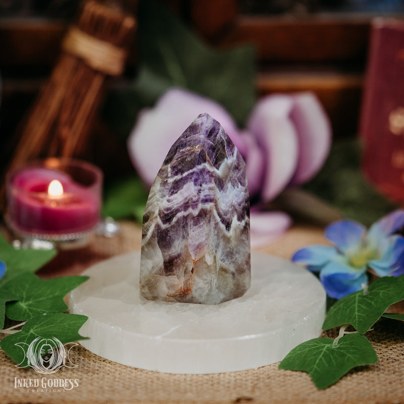 Load image into Gallery viewer, Green &amp; Purple Banded Amethyst Tower for Heart-Centered Energy
