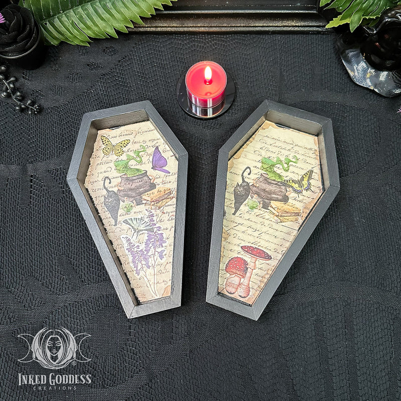Load image into Gallery viewer, Black Coffin Wooden Tray- Witchy Decoupage
