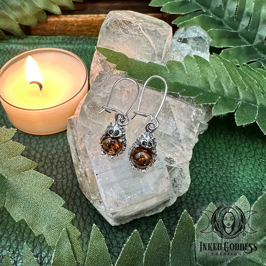 Hedgehog Amber Sterling Silver Earrings for Releasing Stress