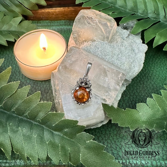Hedgehog Amber Sterling Silver Pendant for Spiritual Boundaries