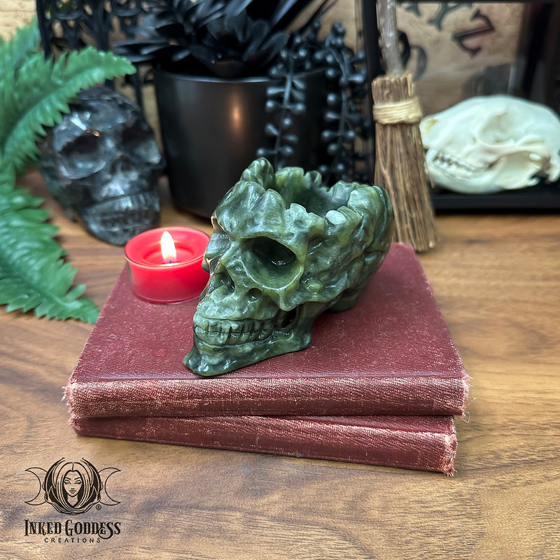 Load image into Gallery viewer, Jade Skull Offering Bowl for Ancestor Work
