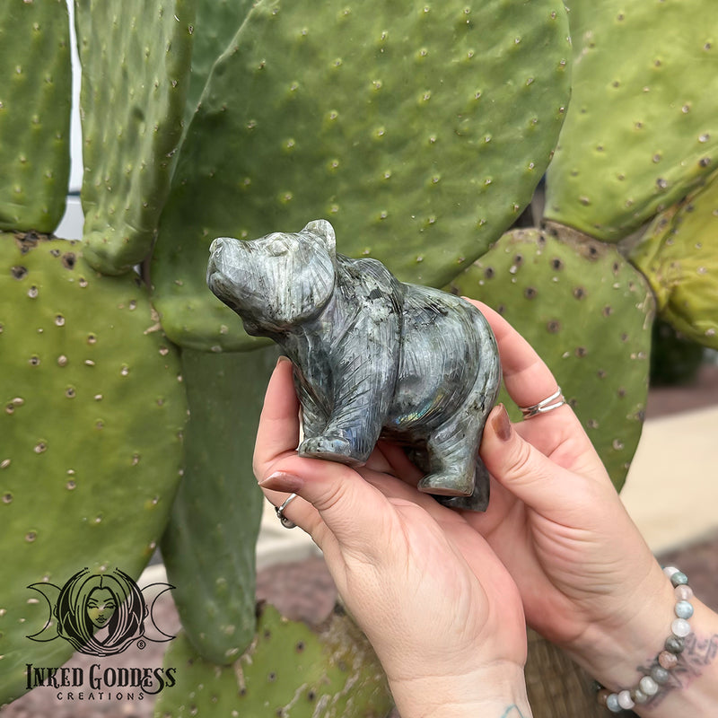 Load image into Gallery viewer, Labradorite Carved Bear (Chipped Ears) for Courage &amp; Motherhood
