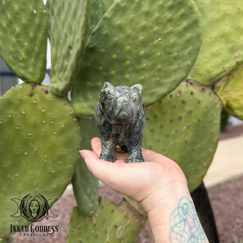 Load image into Gallery viewer, Labradorite Carved Bear (Chipped Ears) for Courage &amp; Motherhood
