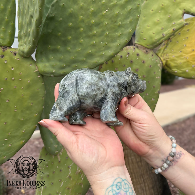 Load image into Gallery viewer, Labradorite Carved Bear (Chipped Ears) for Courage &amp; Motherhood

