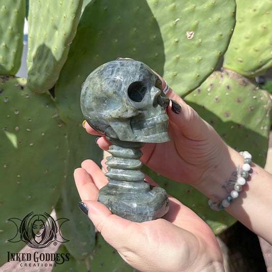Labradorite Carved Skull with Neck for Personal Transformation