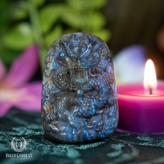 Labradorite Chinese Dragon Flat Carving for Flowing Confidence