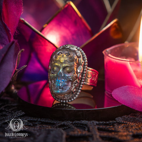Labradorite Etched Skull Tibetan Adjustable Ring for Psychic Development