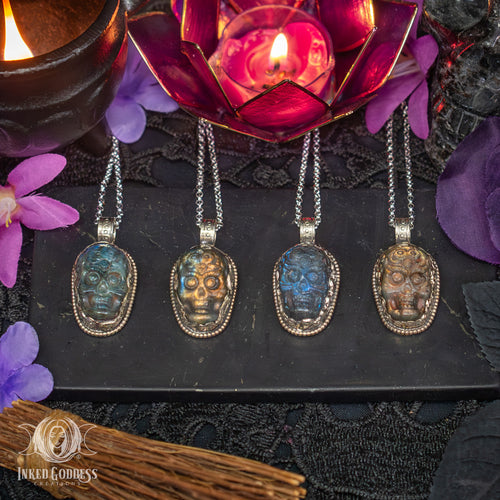 Labradorite Etched Skull Tibetan Necklace for Clear Spirit Connections