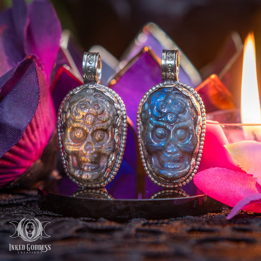 Labradorite Etched Skull Tibetan Necklace for Clear Spirit Connections