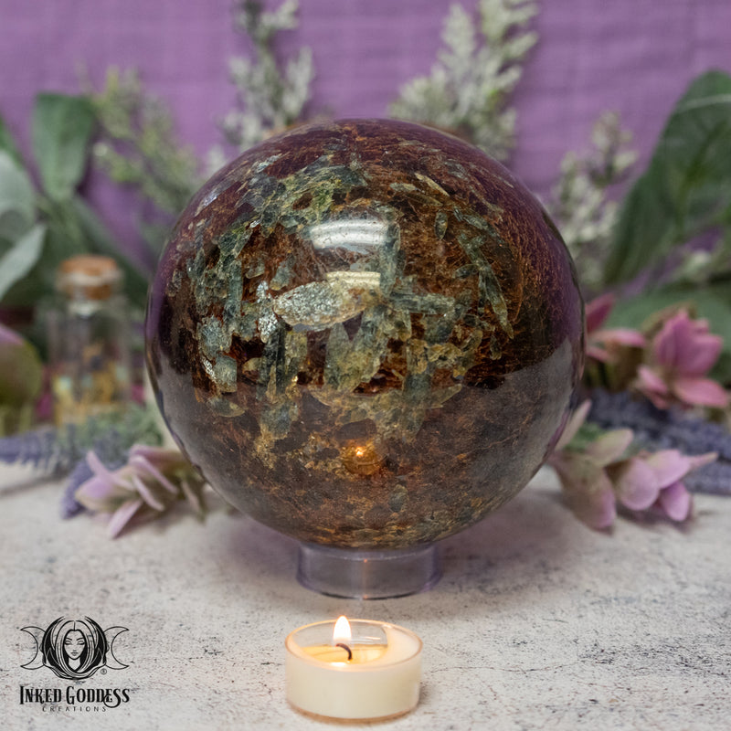 Load image into Gallery viewer, Large Star Garnet with Kyanite Sphere for Psychic Sovereignty
