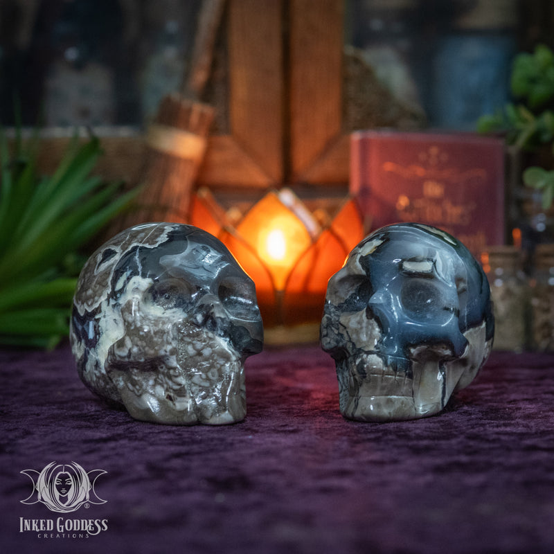 Load image into Gallery viewer, Lava Agate Skull for Protective Spellwork
