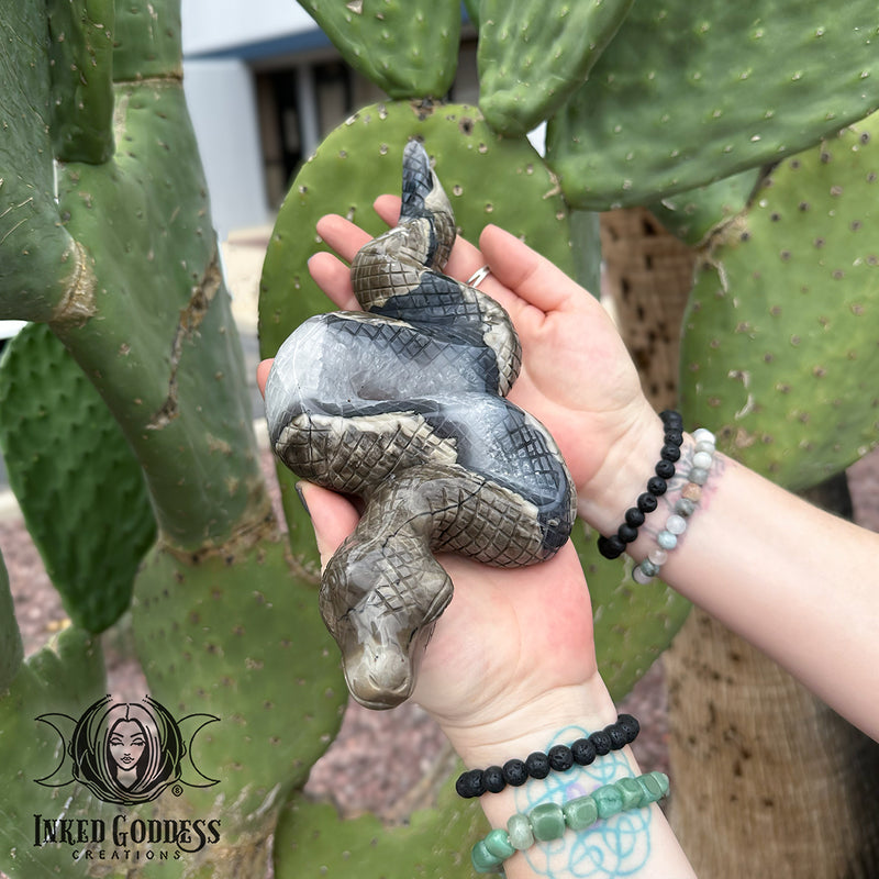 Load image into Gallery viewer, Lava Agate Snake Carving for Magickal Transformations
