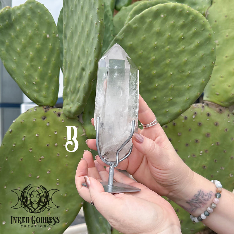Load image into Gallery viewer, Lemurian Quartz Point on Metal Stand for Ancient Magickal Energy

