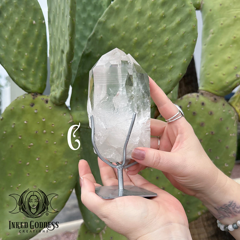 Load image into Gallery viewer, Lemurian Quartz Point on Metal Stand for Ancient Magickal Energy
