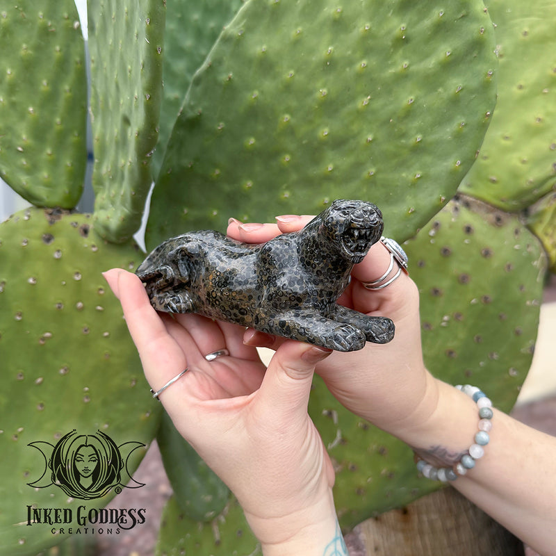 Load image into Gallery viewer, Leopardskin Jasper Carved Leopard for Strength and Focus
