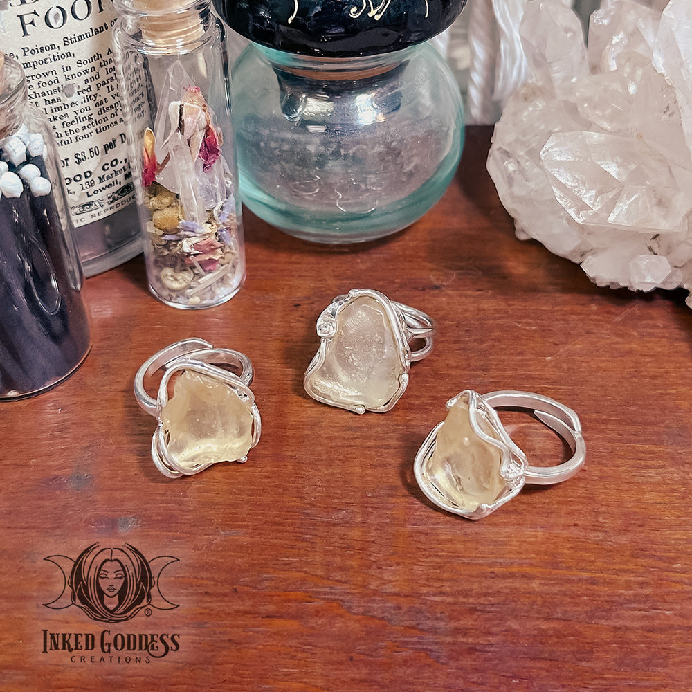 Libyan Desert Glass Sterling Silver Adjustable Ring for Spiritual Ascension