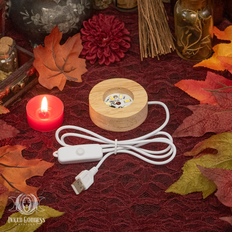 Load image into Gallery viewer, Lighted Wooden Sphere Stand for Gemstone Magick
