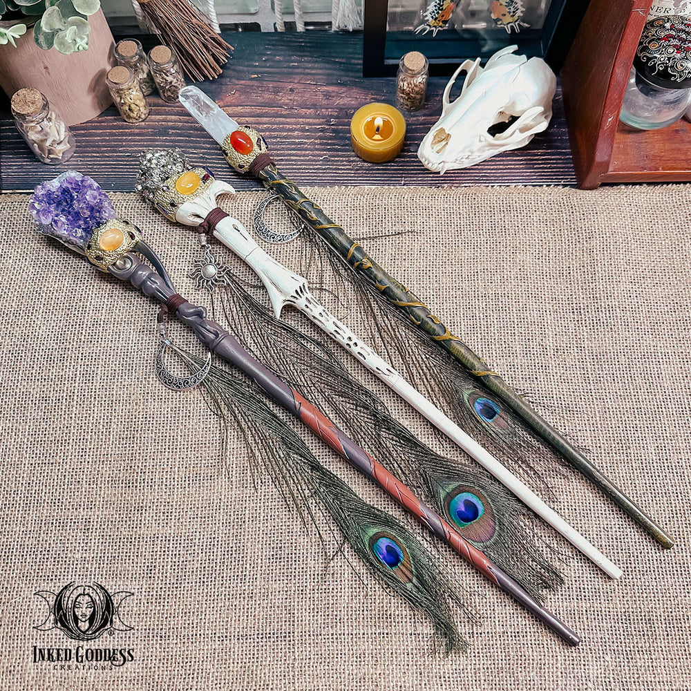 Gemstone and Peacock Feather Wands for Powerful Magick