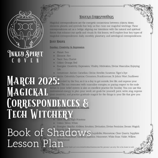 March 2025- Magickal Correspondences Book of Shadows Pages- Inked Spirit Coven