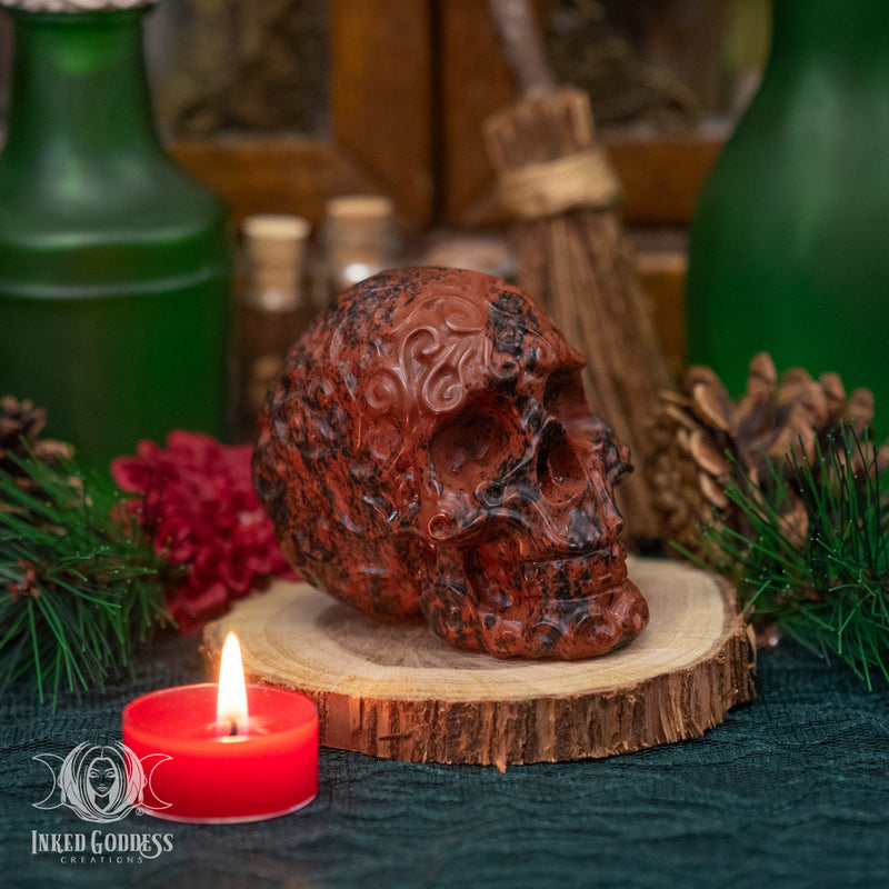 Load image into Gallery viewer, Mahogany Obsidian Etched Skull for Personal Strength
