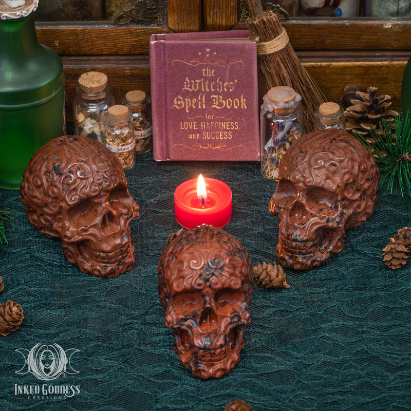 Load image into Gallery viewer, Mahogany Obsidian Etched Skull for Personal Strength
