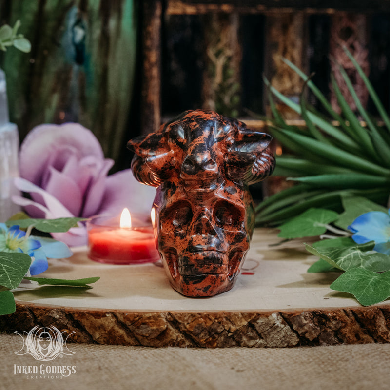 Load image into Gallery viewer, Mahogany Obsidian Skull with Ram for Fiery Aries Energy

