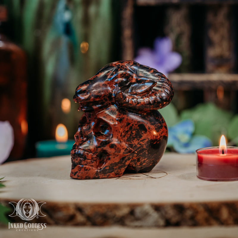 Load image into Gallery viewer, Mahogany Obsidian Skull with Ram for Fiery Aries Energy

