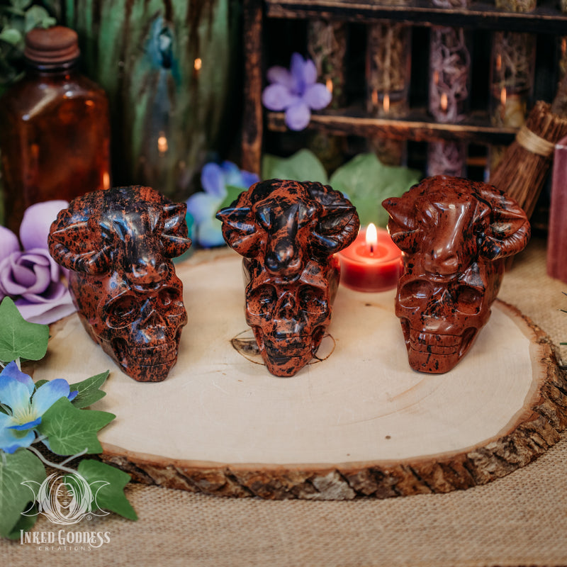 Load image into Gallery viewer, Mahogany Obsidian Skull with Ram for Fiery Aries Energy

