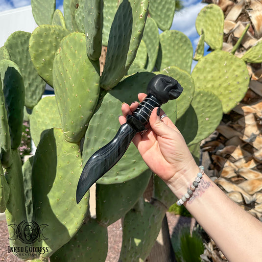 Rainbow Obsidian Athame with Matte Skull Handle for Cutting Doorways