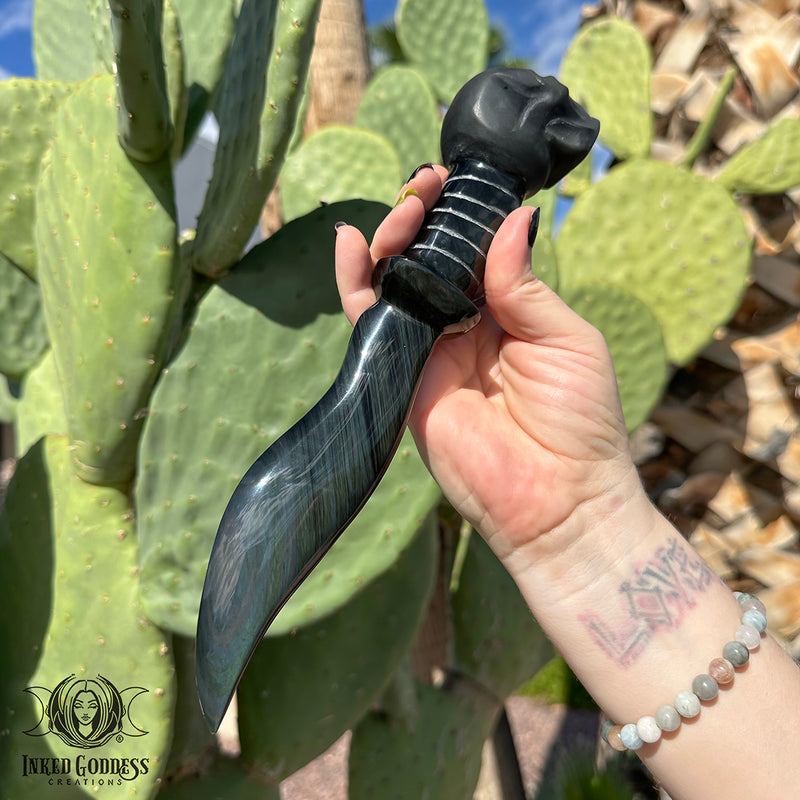 Load image into Gallery viewer, Rainbow Obsidian Athame with Matte Skull Handle for Cutting Doorways
