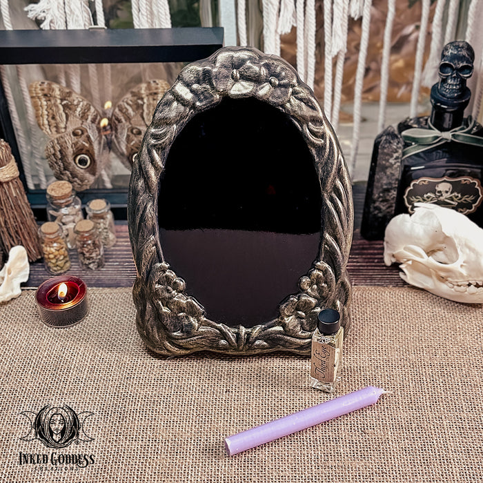 Medium Oval Flower Handmade Scrying Mirror Kit- Exclusive to Inked Goddess Creations