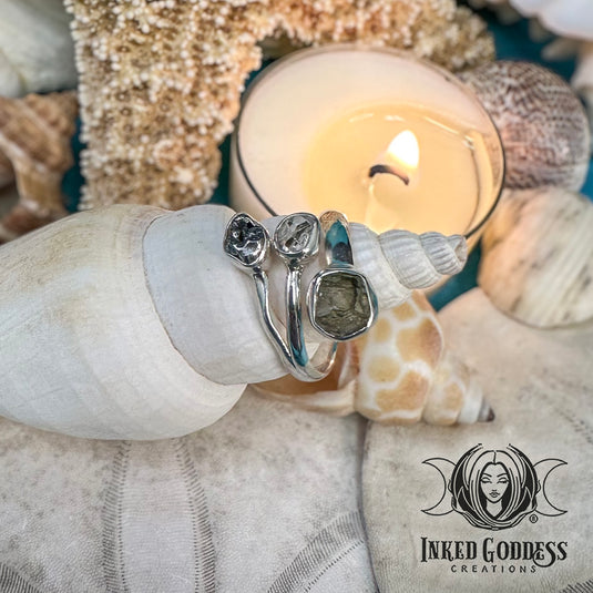 Moldavite, Pakimer Diamond, &  Meteorite Sterling Silver Ring for Spiritual Activation