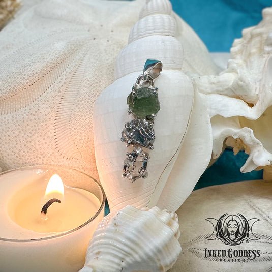 Moldavite, Pakimer Diamond, & Meteorite Sterling Silver Pendant for Meteorite Season