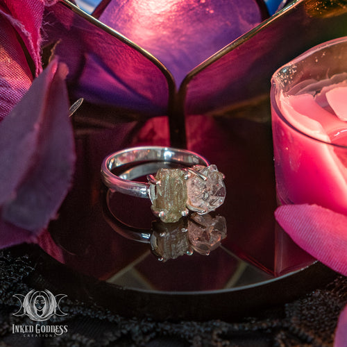 Moldavite & Pakimer Diamond Sterling Silver Ring for Amplified Intuition