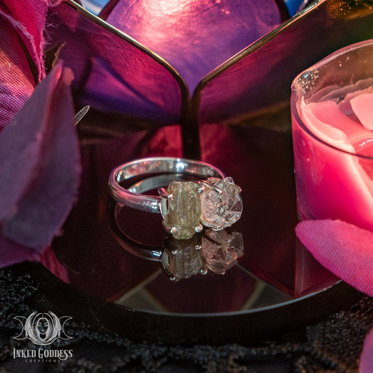 Moldavite & Pakimer Diamond Sterling Silver Ring for Amplified Intuition