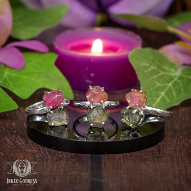 Moldavite and Pink Tourmaline Sterling Silver Ring for Divine Connection