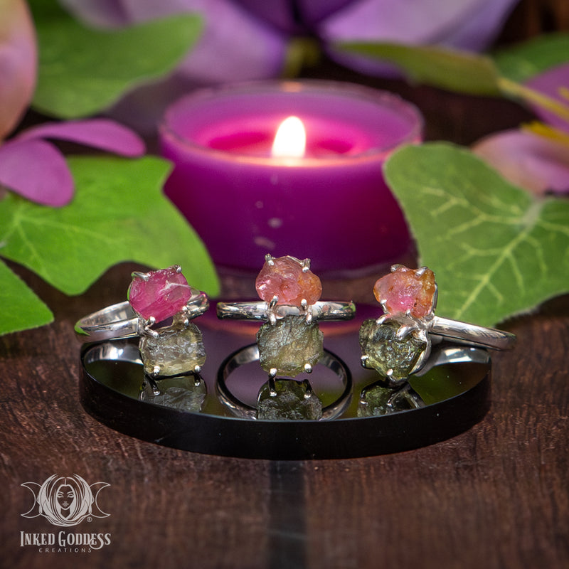 Load image into Gallery viewer, Moldavite and Pink Tourmaline Sterling Silver Ring for Divine Connection
