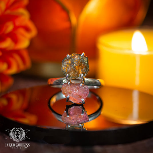 Moldavite and Pink Tourmaline Sterling Silver Ring for Divine Connection