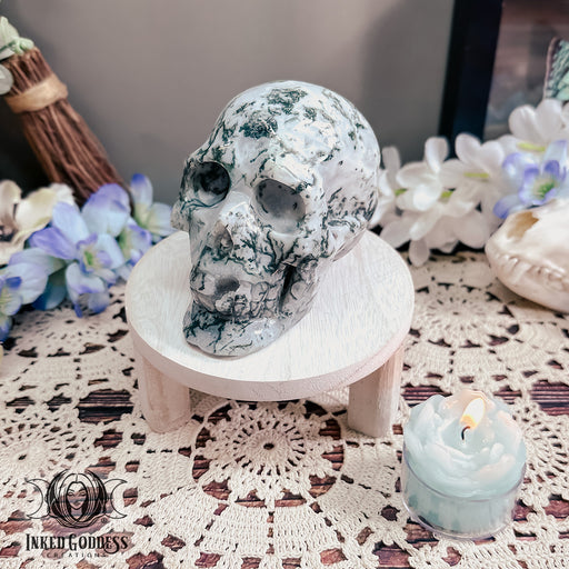 Moss Agate Skull Carving for Divination and Guidance- Inked Goddess Creations