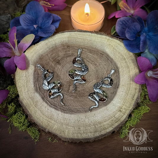Multi Amber Snake Sterling Silver Pendant for Amplified Magick