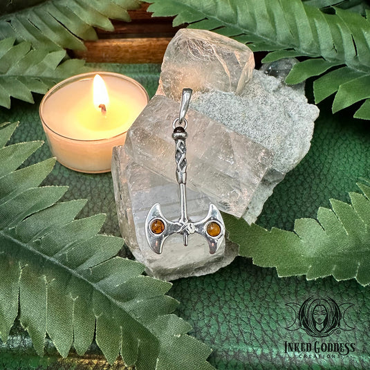 Norse Axe Amber Sterling Silver Pendant for Personal Power