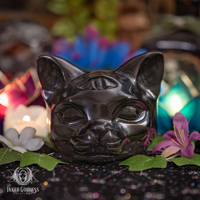 Obsidian Carved Third Eye Cat for Psychic Resilience