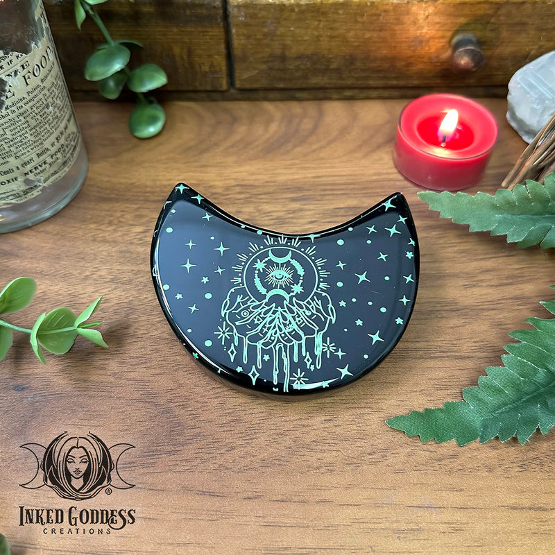 Load image into Gallery viewer, Obsidian Crescent Moon Etched Tile for Dark Moon Magick

