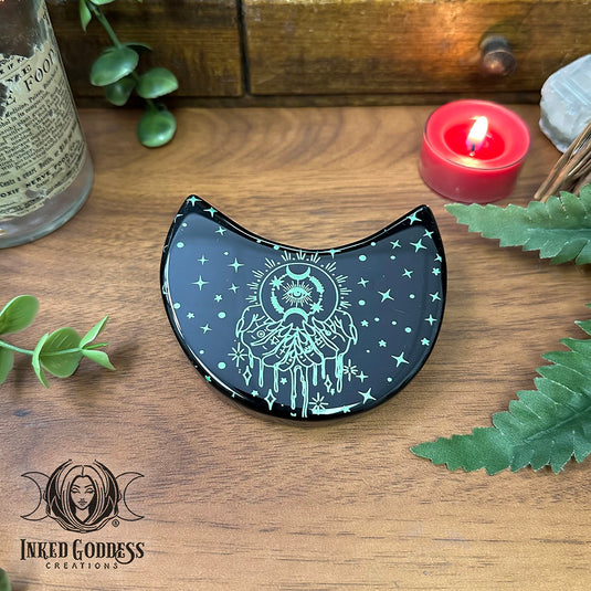 Obsidian Crescent Moon Etched Tile for Dark Moon Magick