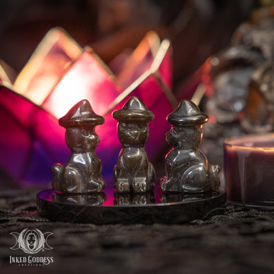Obsidian Mini Cat with Witch Hat for Witches' Protection